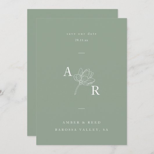 Minimalistische florale Monogramm Elegantsage Grün Save The Date (Vorne/Hinten)