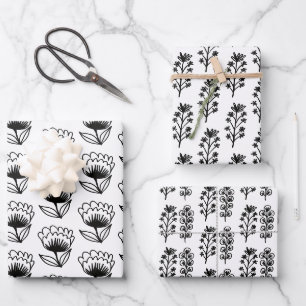 Minimalistische florale Whimsikfarbe Schwarz/Weiß  Geschenkpapier Set