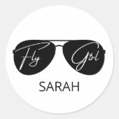 Minimalistische Fly Girl Typografie, Aviator-Sonne Runder Aufkleber (Vorderseite)
