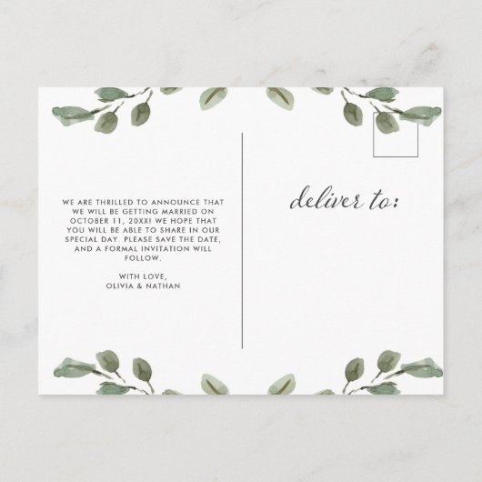 Minimalistische Foliage | Hochzeit Save the Date Ankündigungspostkarte (Rückseite)