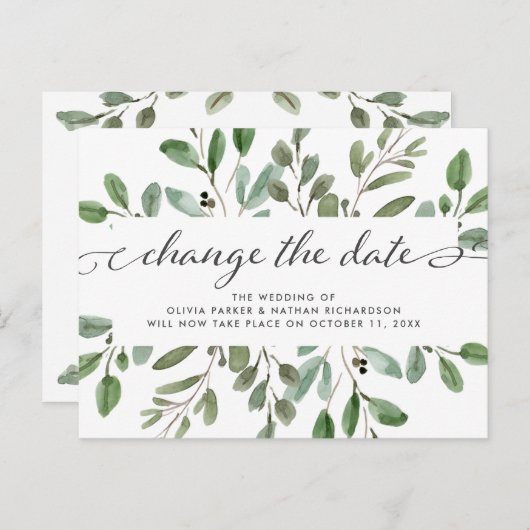 Minimalistische Foliage | Hochzeitwechsel Datum Ankündigungspostkarte (Vorne/Hinten)