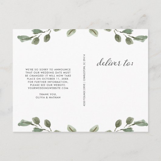 Minimalistische Foliage | Hochzeitwechsel Datum Ankündigungspostkarte (Rückseite)