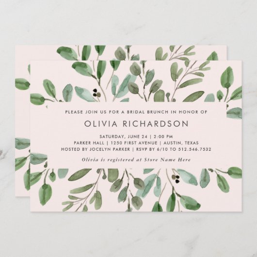 Minimalistische Foliage Rosa | Bridal Brunch Einladung (Vorne/Hinten)