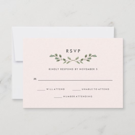 Minimalistische Foliage | Rosa Hochzeit RSVP Karte (Vorderseite)