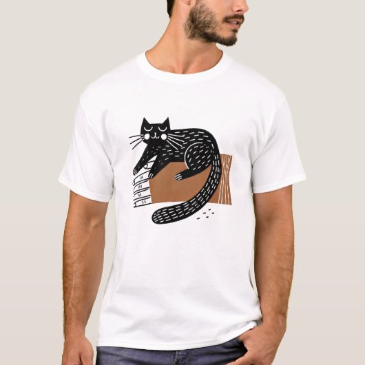 Minimalistische Folk Art Black Cat auf der Hand T-Shirt (Vorderseite)