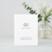 Minimalistische Folk-Blume Blau-Gelb Save the Date Postkarte (Stehend Vorderseite)