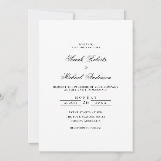 Minimalistische formale Romantische Schwarze Schri Einladung (Vorderseite)