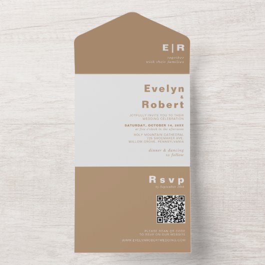 Minimalistische formelle Braun-Hochzeit All In One Einladung (Innen Boden)