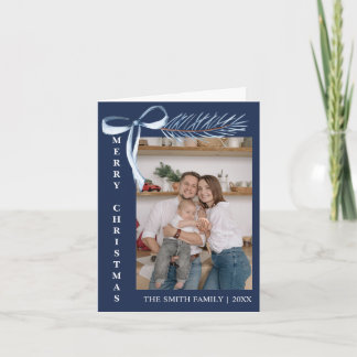 Minimalistische Foto-Familie Blaue Schleife Kiefer Feiertagskarte
