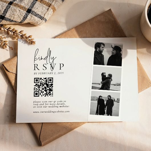 Minimalistische Foto-Streifen-QR-Code-Hochzeit RSVP Karte