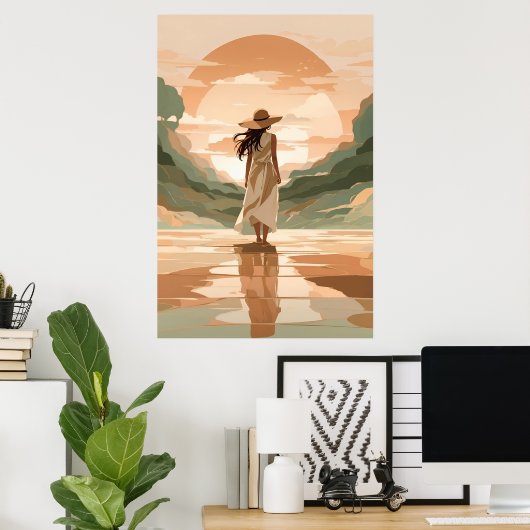 Minimalistische Frauen Wandern Sonnenuntergang Lan Poster (Heimbüro)