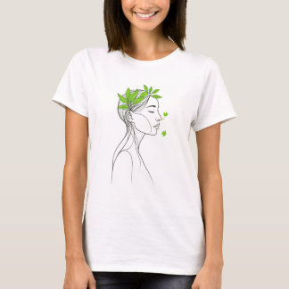 Minimalistische Frauenlinienkunst mit grünen Blätt T-Shirt