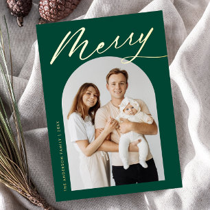Minimalistische Frohe Schrift Grüner Bogen Foto Folien Feiertagskarte