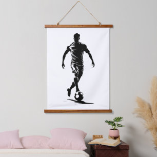 Minimalistische Fußballspieler-Silhouetten-Kunst-T Wandteppich Mit Holzrahmen