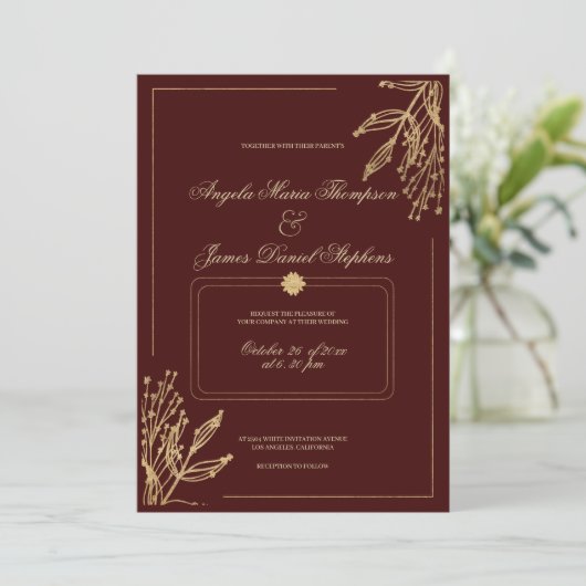 Minimalistische geometrische Bordeaux-Hochzeit Einladung (Stehend Vorderseite)