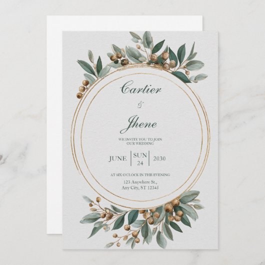 Minimalistische Gold- und grüne Botanische Circle  Einladung (Vorne/Hinten)