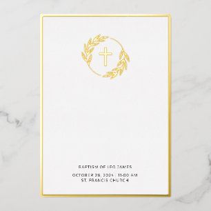 Minimalistische goldene Lorbeer-Kreuz-Taufeinladun Folieneinladung