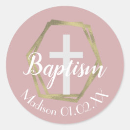 Minimalistische Goldfahne Taufe kreuzen Kindername Runder Aufkleber
