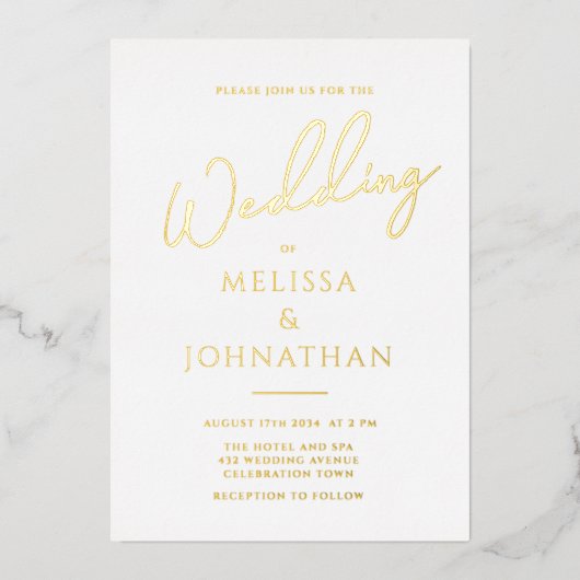 Minimalistische Goldfoil-Script-Reinigung Elegante Folieneinladung (Vorderseite)