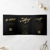 Minimalistische Goldschrift in einer Schwarzen Hoc Dreifach Gefaltete Einladung (Innenseite)