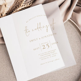 Minimalistische Goldtext-Overlay-Hochzeit Pergament Einladungen