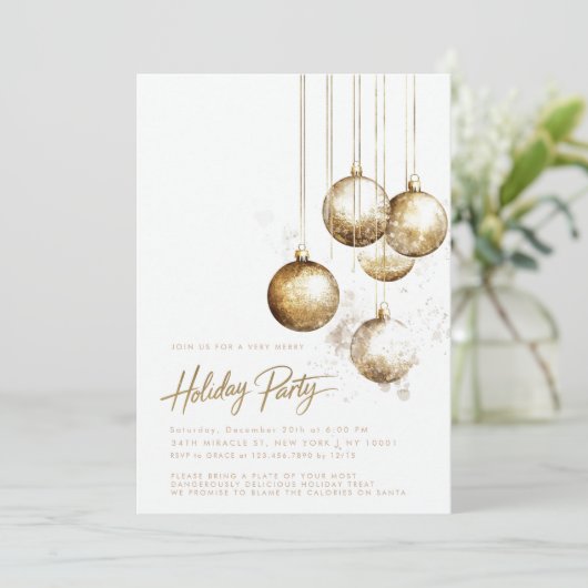 Minimalistische Goldverzierungen Baubles Weihnacht Einladung (Stehend Vorderseite)