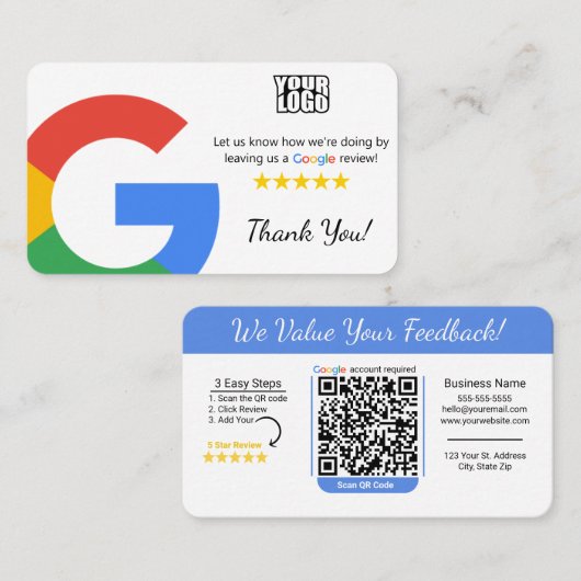 Minimalistische Google-Prüfvorlage mit QR-Code Visitenkarte (Vorne/Hinten)