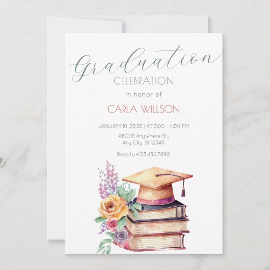 Minimalistische Graduierungskappe mit Blume Einladung (Vorderseite)