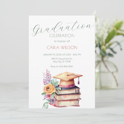 Minimalistische Graduierungskappe mit Blume Einladung (Stehend Vorderseite)