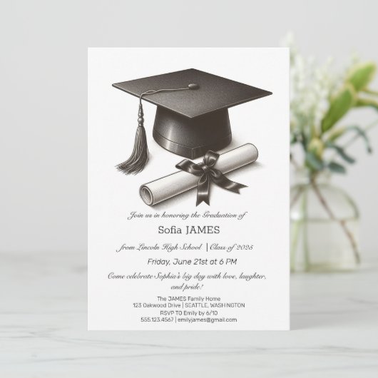 Minimalistische Graduierungsparty Einladung mit Bl (Stehend Vorderseite)