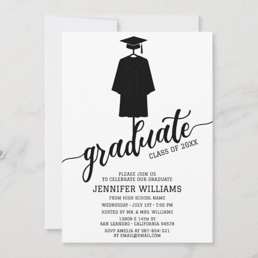 Minimalistische Graduierungsparty mit Cap & Gown B Einladung (Vorderseite)