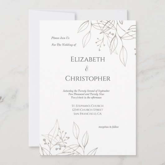 Minimalistische graue Silber Botanische Blätter Ho Einladung (Vorderseite)