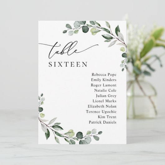 Minimalistische Greenery Wedding Seating Chart Car Einladung (Stehend Vorderseite)