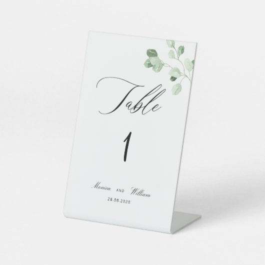 Minimalistische Greenery Wedding Tischnummer Sockelschild (Vorderseite)