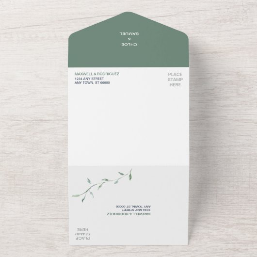 Minimalistische grüne Blätter Fotovorlage Hochzeit All In One Einladung (Außenbereich)