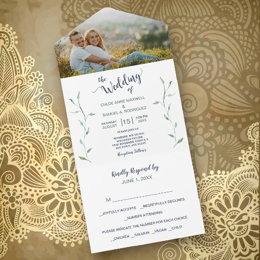 Minimalistische grüne Blätter Fotovorlage Hochzeit All In One Einladung