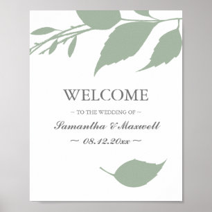 Minimalistische grüne Blätter Hochzeitsempfang Poster