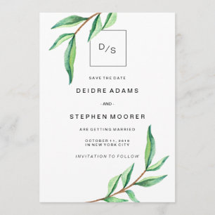 Minimalistische grüne Blätter mit Foto Save the Da Date