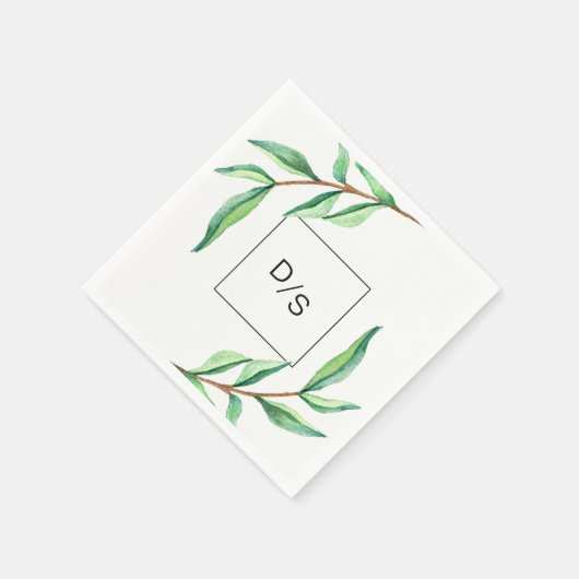 Minimalistische grüne Blätter mit Monogram Wedding Serviette (Ecke)