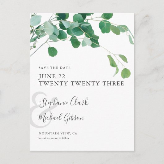 Minimalistische grüne Blätter Save the Date Postkarte (Vorderseite)
