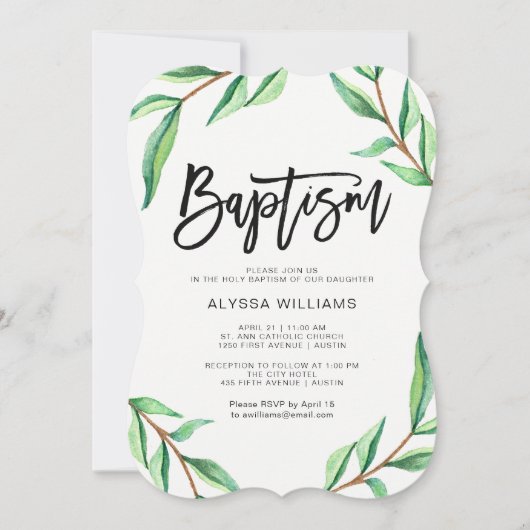 Minimalistische grüne Blätter über die weiße Taufe Einladung (Vorderseite)