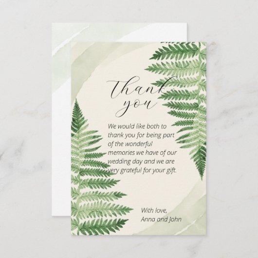 Minimalistische Grüne Fern Hochzeit Dankeschön Kar Dankeskarte (Vorne/Hinten)