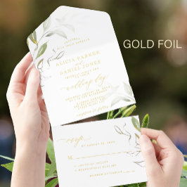 Minimalistische grüne goldgrüne Hochzeit All-in-One-Einladung