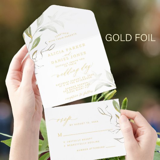 Minimalistische grüne goldgrüne Hochzeit All-in-One-Einladung