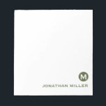 Minimalistische grüne Olive Initial und Name Notizblock<br><div class="desc">Dieses elegante,  einfache Notizblock verfügt über klassische Blocktypografie für Ihren Anfangs- und Namenstext oder Ihren gewünschten Text.</div>