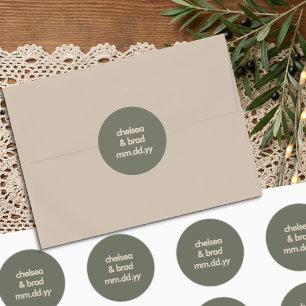 Minimalistische grüne Retro-Hochzeitstüten-Aufkleb Runder Aufkleber