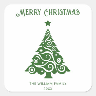 Minimalistische grüne Schrift Frohe Weihnachtsbaum Quadratischer Aufkleber