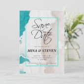 Minimalistische grüne Summer Ocean Beach Hochzeit Save The Date (Stehend Vorderseite)