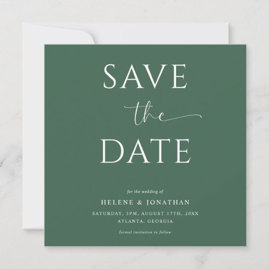 Minimalistische grüne Typografie Moderne Hochzeit Save The Date (Vorderseite)