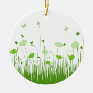Minimalistische Grüne und Weiße Pflaumen Wiesenblu Keramik Ornament